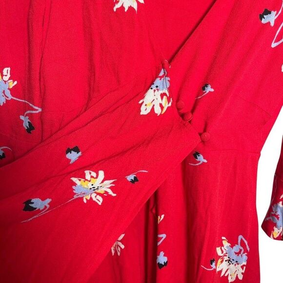 Free People Wrap Dress Women's XS Red Floral Mini Boho Casual V-Neck Button - Picture 5 of 10